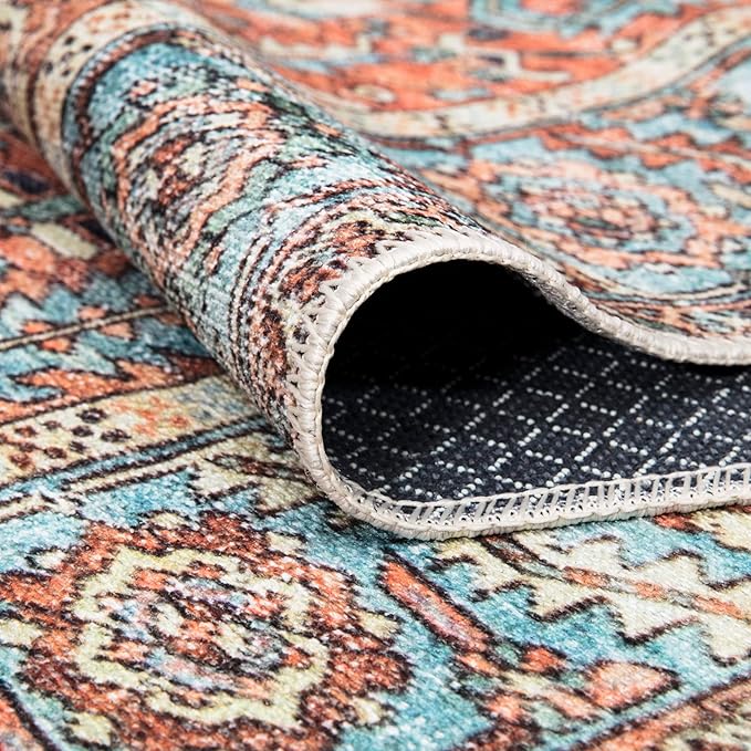 Bloom Rugs Washable Non-Slip 10 ft Runner - Orange/Blue Traditional Runner for Entryway, Hallway, Bathroom, and Kitchen - Exact Size: 2.5' x 10'