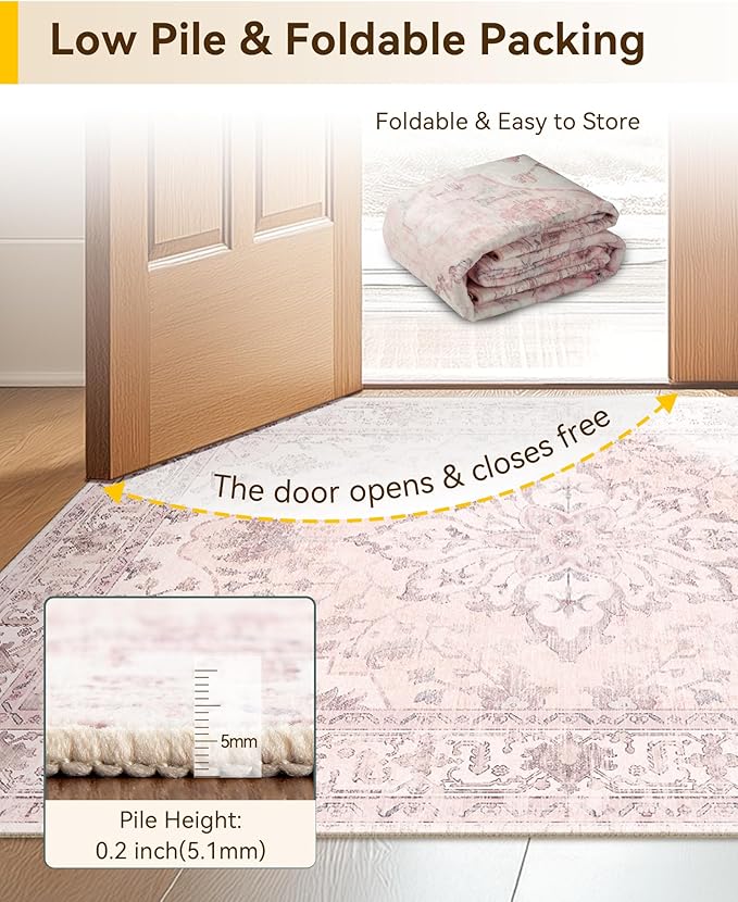 Area Rugs 5ft Washable Non-Slip, Floral Vintage Distress Print Pattern Medallion Carpet for Living Room Bedroom Dining Room, Pink Greypink Cute
