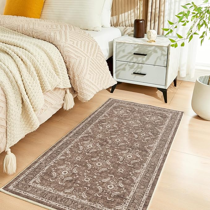 WITSHOCK Washable 2x4 Entryway Area Rug, Soft Non-Slip Rugs Vintage Flower Accent Small Rugs for Bedroom, Kitchen, Living Room, Nursery Entrance, Dark Brown