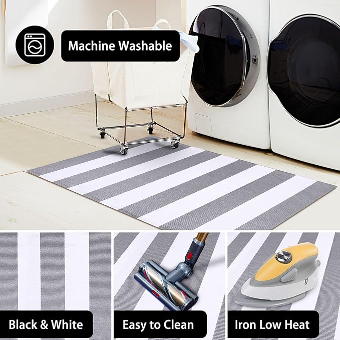 KOZYFLY Grey and White Striped Rug 4'x6' Indoor Outdoor Rug Cotton Hand-Woven Washable Striped Layered Doormats for Front Door/Kitchen/Farmhouse/Entryway/Patio