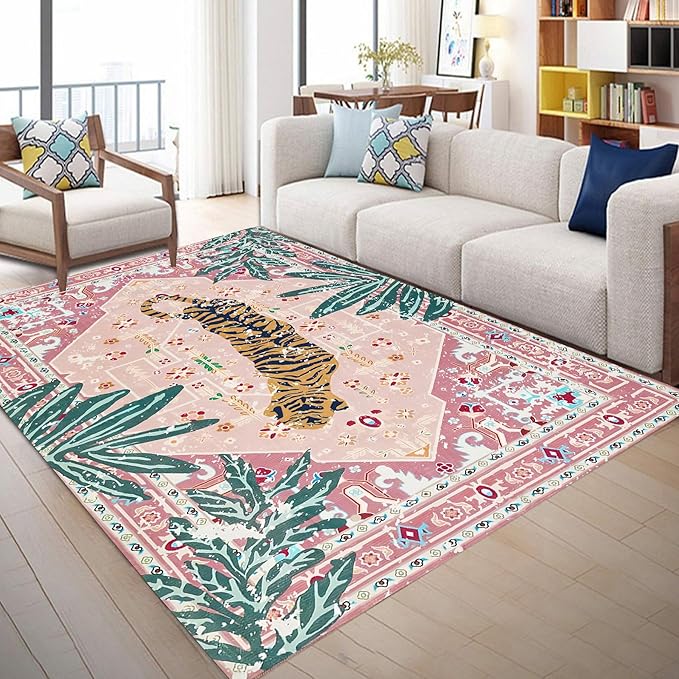 Pink Rug 5x7 Large Washable Animal Print Rug Non-Slip Tropical Jungle Indoor Carpet for Bedroom Nursery Dorm Kitchen Living Room Decor