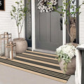 Striped Outdoor Front Door Mat 24"x51", Cotton Hand Woven Washable Black and Khaki Rug Runner, Reversible Foldable Indoor Layered Front Door Rugs for Entryway/Farmhouse/Home Entrance
