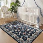 Rugcomf Vintage Paisley 3'x5' Area Rug - Machine Washable, Non-Slip Low Pile Small Floral Carpet for Bedroom, Bedside, Kitchen, Entryway, Kids/Girls Room, Office - Blue