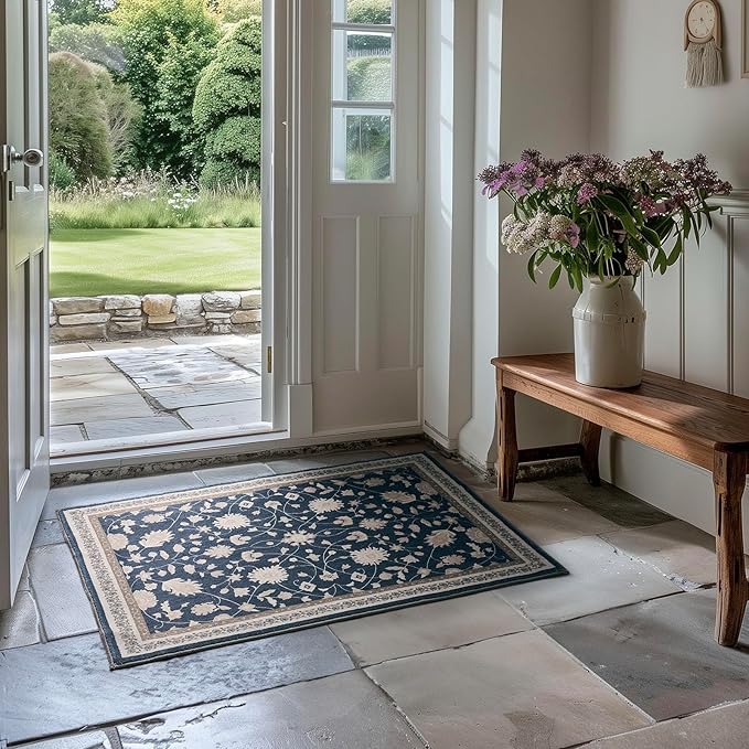 EVERGRACE Area Rugs for Entryway 2x3, Boho Floral Faux Wool Indoor Outdoor Small Rugs, Washable Rugs for Bedroom Bathroom Laundry Doormat, Low Pile Floor Mat Carpet for Home Decor, Navy Blue