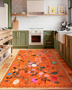 Boho Washable Area Rug 5x7 – Floral Low Pile Non-Slip Carpet for Living Room, Bedroom, Office, Playroom, Entryway, Kitchen, Dining Room (Orange)