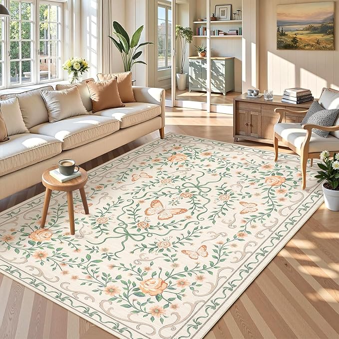 GarveeHome Washable Floral Area Rug 5x7 for Christmas Non Slip Bedroom Rug Soft Stain Resistant Large Dining Room Throw Carpet Low Pile Beige Bow Rugs Butterfly Flower Carpet for Living Room, 5x7