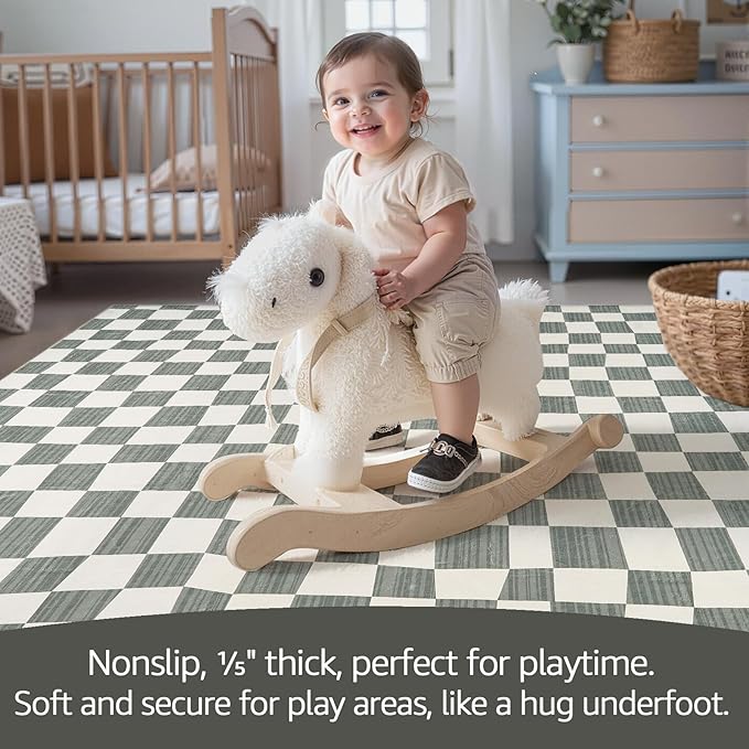jinchan 4x6 Checkered Area Rugs for Kids Room - Machine Washable Soft Rug Modern Geometric Lattice Non-Slip Carpet for Nursery Playroom Bedroom Entryway Living Room Dining Room Home Office Grey
