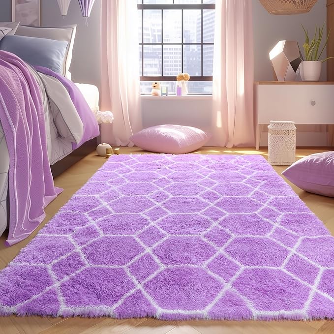 ONASAR Area Rugs for Bedroom Living Room, Washable 4x6 Fluffy Purple and White Throw Rug, Boho Geometric Soft Shaggy Fuzzy Plush Indoor Floor Carpet for Kids Teen Nursery Dorm Home Decor Aesthetic