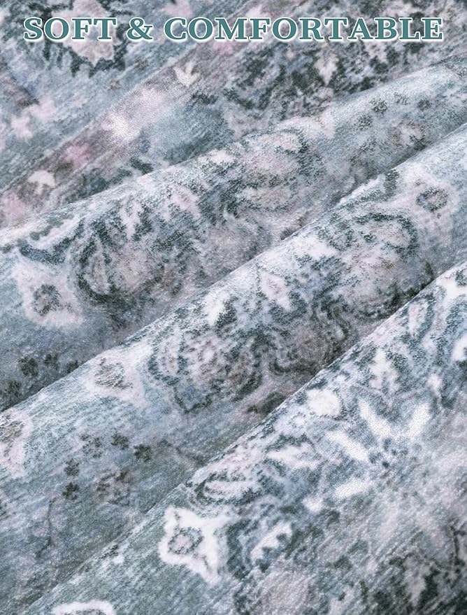 SERISSA Boho Washable Runner Rug, 2x5 Rug Non-Slip Vintage Floral Hallway Kitchen Runner Rug Ultra Soft Print Distressed Blue Grey Floor Carpet for Bedroom Bathroom Laundry Room
