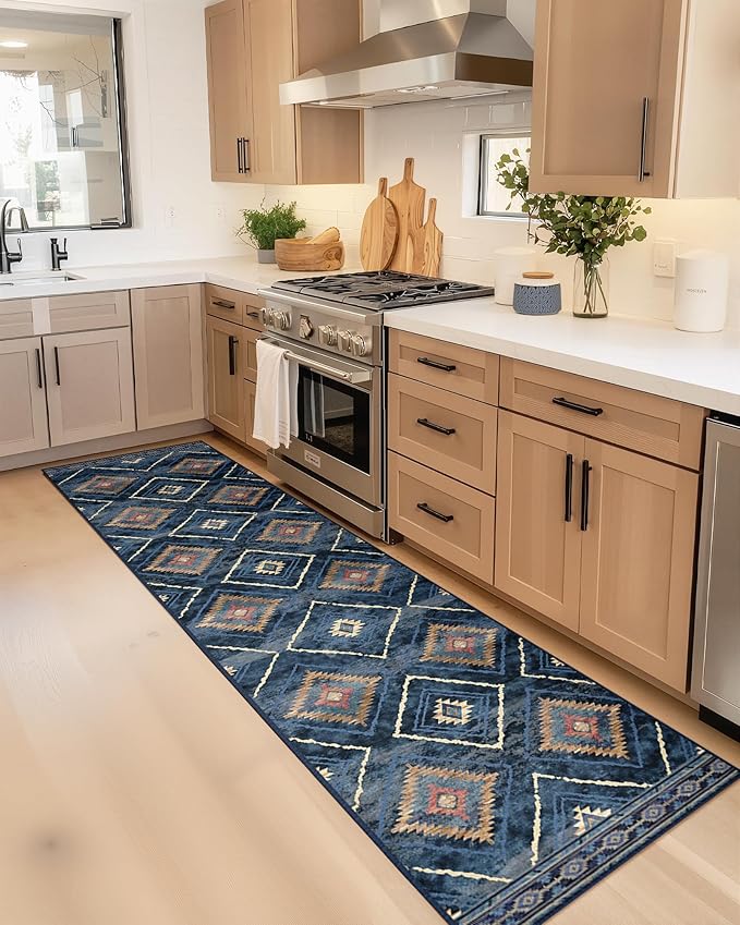 Area Rug 2x6 Rug Machine Washable Non-Slip Low Pile Print Pattern Western Rug for Living Room Bedroom Entryway Tribal Series -Darkblue