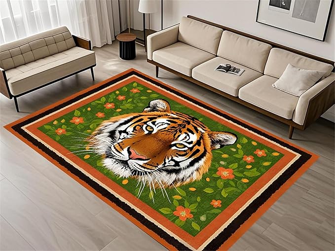 Tiger Print Rug,5x8ft,The Tiger is Surrounded by Orange and Green Floral Patterns. This Rug is Suitable for Boys and Girls' Bedrooms，Anti-Slip Carpet Suitable for Living Room Bedroom Home Decoration