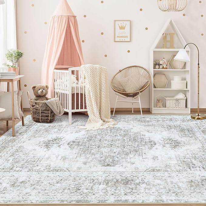 Area Rug 5x7 Living Room Rug, Machine Washable Vintage Distressed Medallion Rug Non-Slip Soft Low Pile Large Indoor Rugs for Bedroom Kitchen Dining Room Office(Taupe,5'x7')