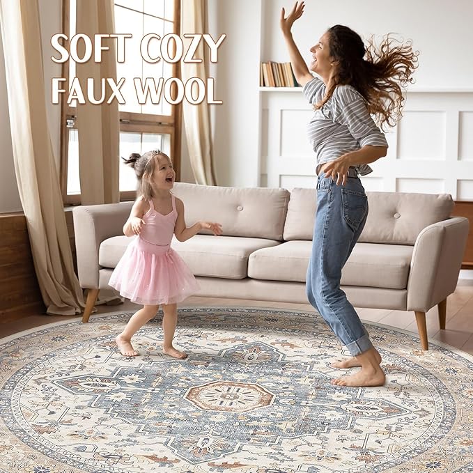 Round Rug Living Room Rugs: 4x4 Washable Boho Neutral Large Circle Soft Indoor Distressed Stain Resistant Floor Farmhouse Carpet for Bedroom Nursery Kids Playroom Office Dining Room Dorm- Beige Blue