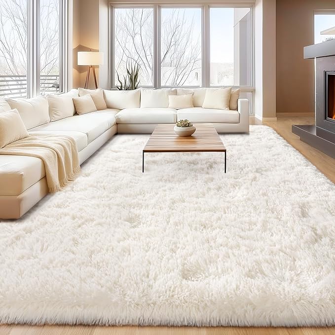 Cream White Plush Rug for Living Room Fuzzy Carpet for Bedroom Dorm, Non-Slip High Pile Rug, Shag Rug for Playroom Nursery Home Office Decor 6X9 Ft