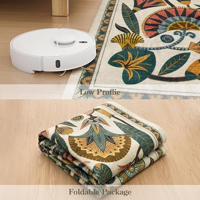 Egypt Floral Washable Bathroom Runner Rug for Kitchen Floor,2x8 Boho Rug Runners for Hallways Entryway,Vintage Non Slip Soft Throw Carpet for Laundry Room Entrance (Beige,2'6''x8')