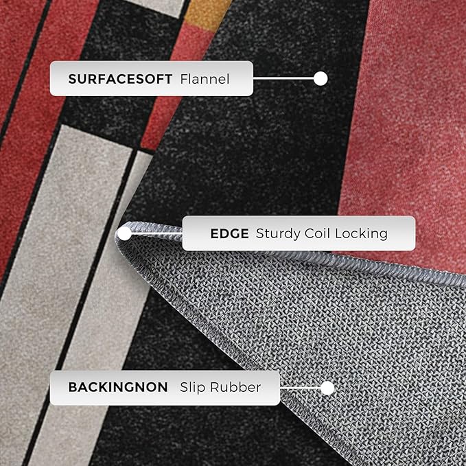 4x5 Abstract Geometric Rugs for Bedroom Decor, Washable Black White Red Geometry Pattern Area Rug, Living Room Home Decoration, Non Slip Soft Thin, Minimalist Modern Decor Carpet PF-P 49