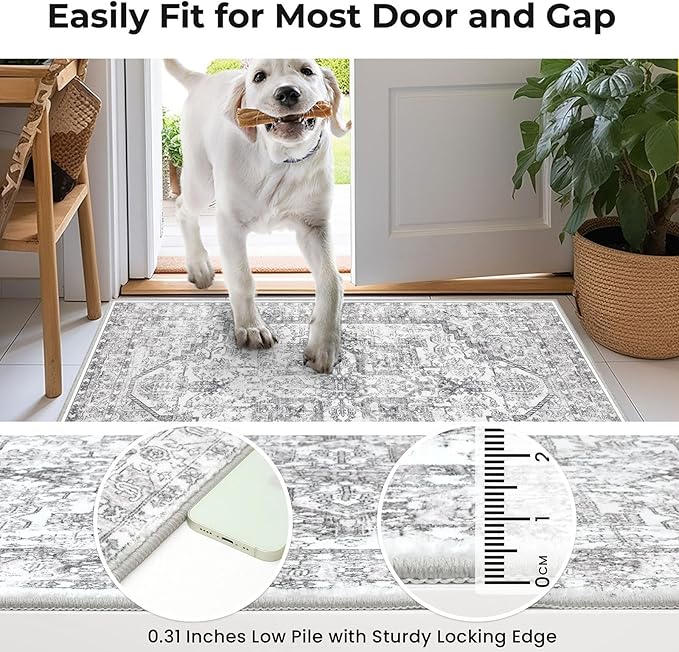 KOZYFLY Boho Area Rug 3x5 Ft Rugs for Entryway Washable Entry Rug Non Slip Door Mat Indoor Entrance Printed Faux Wool Throw Rugs for Entrance Kitchen Living Room, Gray