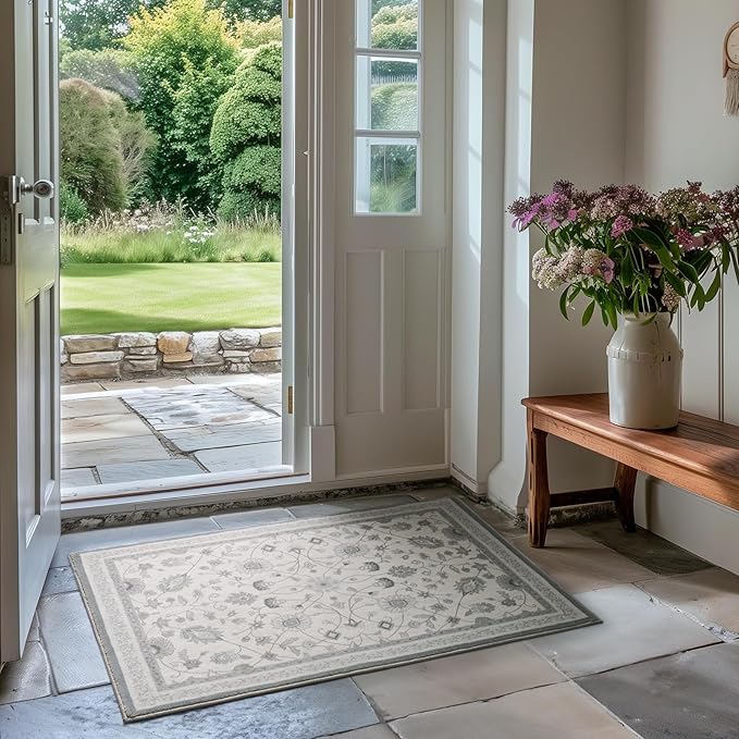 EVERGRACE Area Rugs for Entryway 2x3, Boho Floral Faux Wool Indoor Outdoor Small Rugs, Washable Rugs for Bedroom Bathroom Laundry Doormat, Low Pile Floor Mat Carpet for Home Decor, Cool Gray