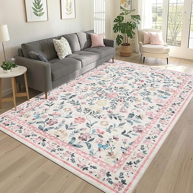 Floral Washable Rug 4x6, Non-Slip Low Pile Botanical Carpet, Vintage Farmhouse Area Rug for Bedroom Nursery Kids Room Home Decor, Pink