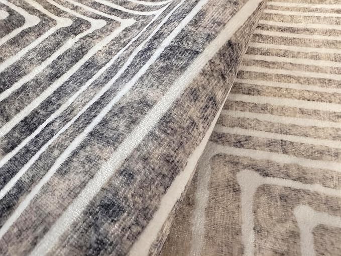 GLN Rugs Contemporary Collection - Machine Washable Area Rug, Contemporary Washable, Non Slip, Low Pile Chenille Rug, Living Room, Bedroom, Kitchen Rug (8' x 10' Lines Cream)
