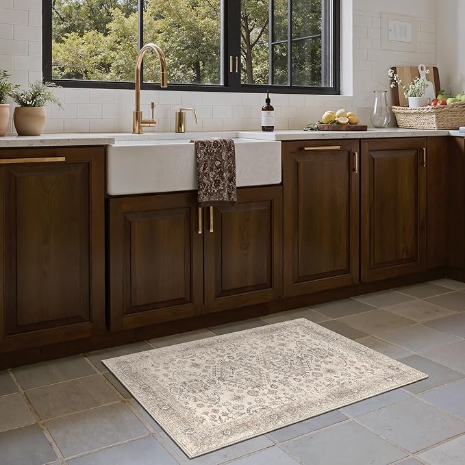 Bavni Washable Entry Rug 2x3, Non Slip Door Mat for Entryway or Kitchen, Vintage Print Low Pile Ultra Thin Indoor Rug, Light Taupe Brown
