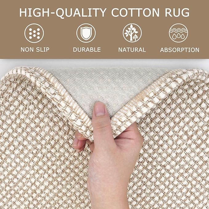 KOZYFLY Runners for Hallways 2x6 ft Washable Kitchen Runner Non Slip Rubber Backed Hall Runners Cotton Entryway Runner Rugs Floor Carpet for Indoor Backdoor Bedroom Kitchen, Ivory/Khaki