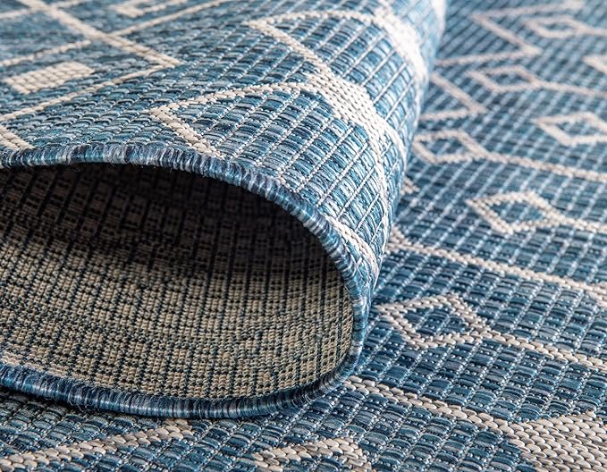 Unique Loom Outdoor Trellis Collection Area Rug - Tribal Trellis (2' 7" x 12' Runner, Blue/ Ivory)