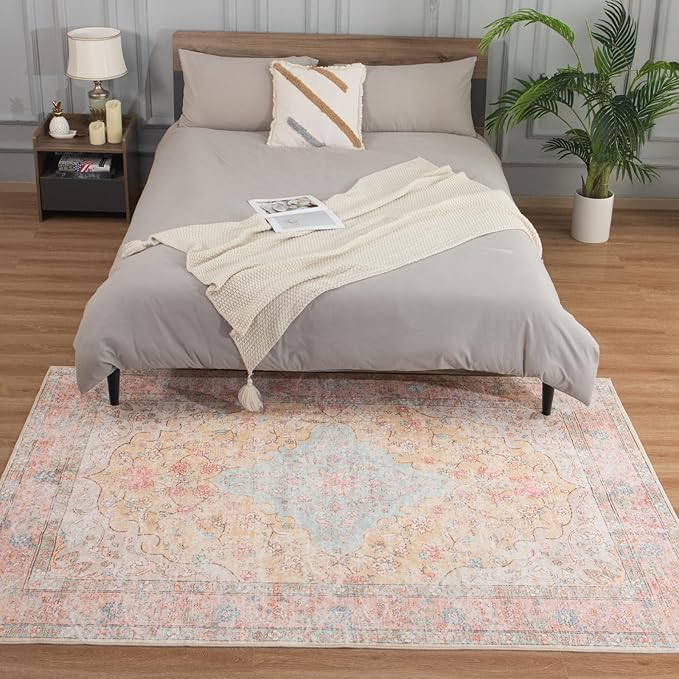 5x7 Washable Rug – Boho Non-Slip Indoor Area Rug for Living Room, Bedroom, Dining Room, Entryway – Soft Peach and Sky Blue with Blush Accents