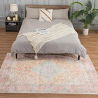 5x7 Washable Rug – Boho Non-Slip Indoor Area Rug for Living Room, Bedroom, Dining Room, Entryway – Soft Peach and Sky Blue with Blush Accents
