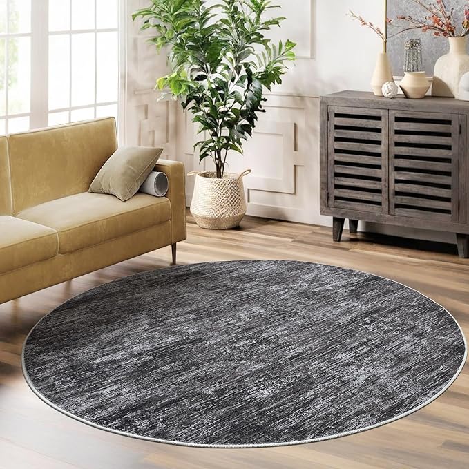 RUGSREAL 3x3 Round Area Rug Small Washable Circle Rug Non Slip Stain Resistant Entry Mat Modern Solid Color Round Living Room Carpet Low Pile Soft Bedroom Mat Neutral Rug for Bedside Nursery, Grey