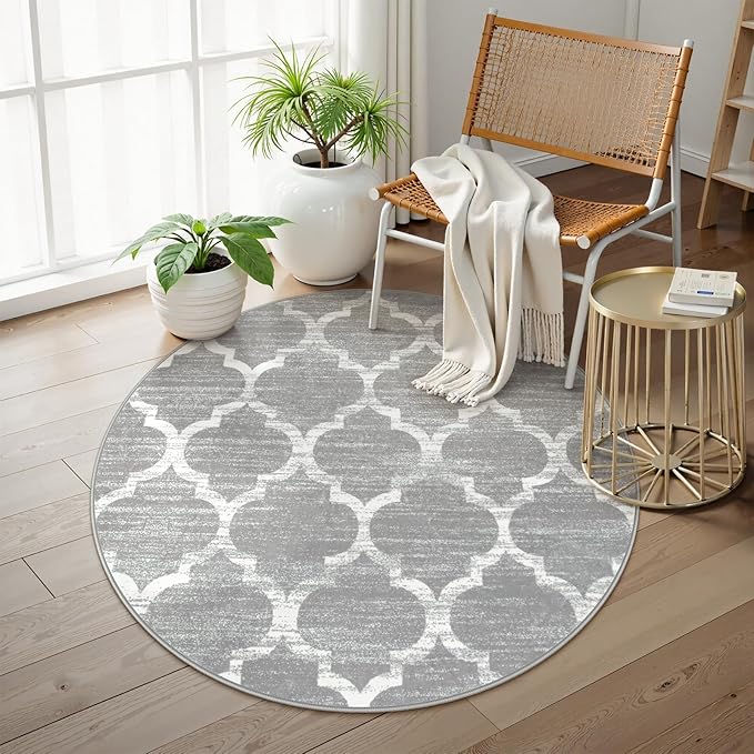 Lahome Moroccan Round Area Rug - 3' Diameter Faux Wool Non-Slip Area Rug Small Accent Distressed Throw Rugs Floor Carpet for Door Mat Entryway Bedrooms Laundry Room Decor (Round - 3' Diameter, Gray)