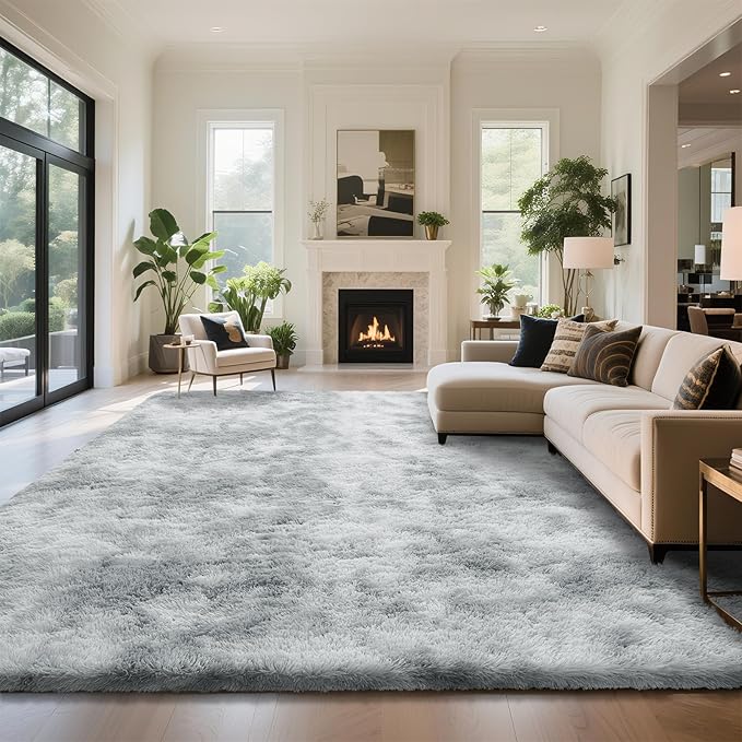 Fluffy Rug Shaggy Area Rug, Mottling Grey 9x12 Area Rugs for Living Room, Large Shag Area Rugs for Bedroom Kids Room Home Decor, Upgrade Anti-Skid Rectangular Fuzzy Rugs