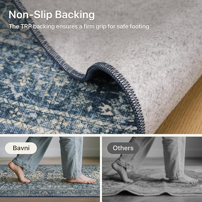 Bavni Washable Runner Rug 2’6”x8’, Non Slip Vintage Hallway Runner, Ultra Thin Low Pile Washable Carpet for Kitchen Entryway Bedroom, Blue