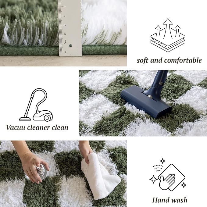 4x6 Area Rugs for Living Room Bedroom, Soft Fluffy Shaggy Bedside Rug, Indoor Floor Carpet for Kids Playroom, Dorms, Nursery Rooms, Home Decor (Olive Green & White 4'x6')