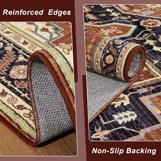 5x7 Orange Red Area Rug for Living Room, Machine Washable Rugs with Non-Slip Backing for Bedroom, Vintage Medallion Carpet Dining Room Office Kids Room Decor