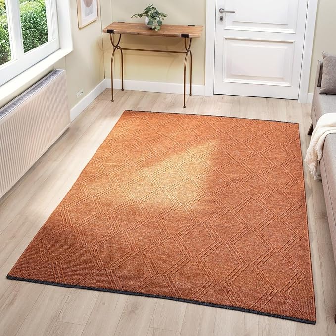 LUXE WEAVERS Modern Farmhouse Orange 8x10 Washable Area Rug, Anti-Slip Diamond Pattern Carpet