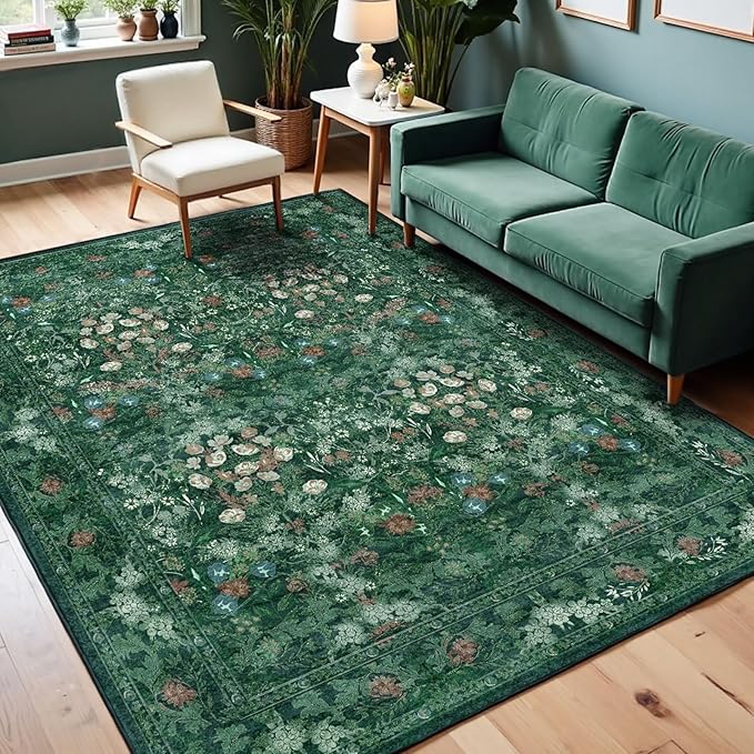 Green Dining Room Rugs for Under Table, Washable Boho Floral 6x9 Area Rug for Living Room, Bedroom, Nursery, Home Office - Vintage Distressed Low Pile Non Slip Carpet, French Country Art Deco Mat