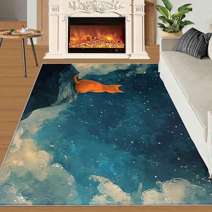 Orange Cat Rugs for Bedroom - 4x5 Area Rug - Cartoon Starry Sky Rugs for Living Room, 3D Cute Cat Rug, Non-Slip Washable Home Decor Carpet