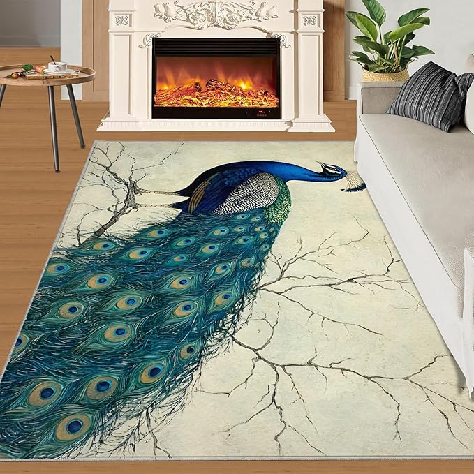 Peacock Area Rug 3x4-3x4 Rug, Peafowl Rugs for Living Room, Teal Turquoise Carpet, Modern Style Washable Area Rugs for Bedroom, Peacock Feather Carpet - Peafowl Home Decor & Gifts