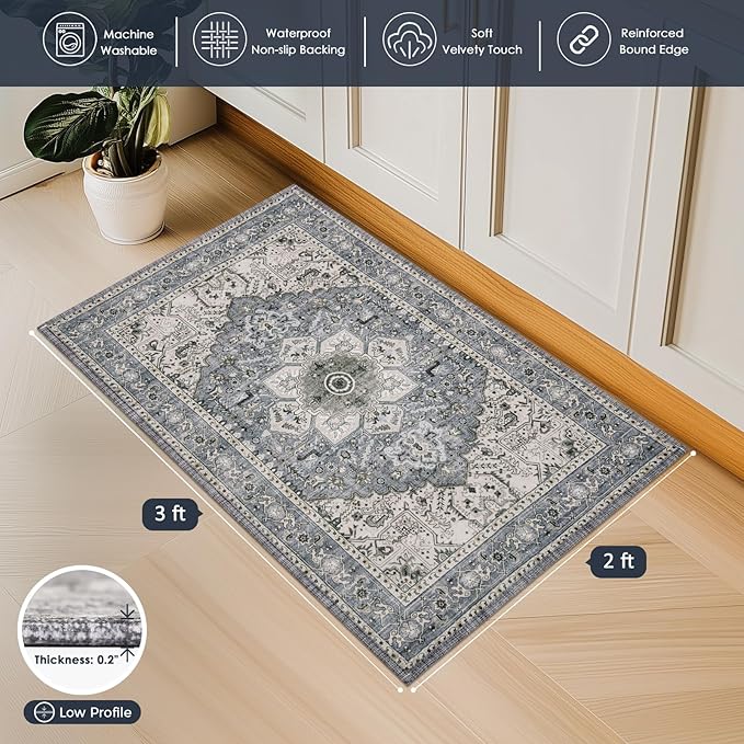 PURRUGS Vintage Farmhouse Boho Throw Rug 2x3 ft, Non-Slip Machine Washable Rug, Accent Oriental Area Rug for Entryway, Kitchen, Bedroom, Living Room and Dining Room, Periwinkle Gray/Soft Ivory