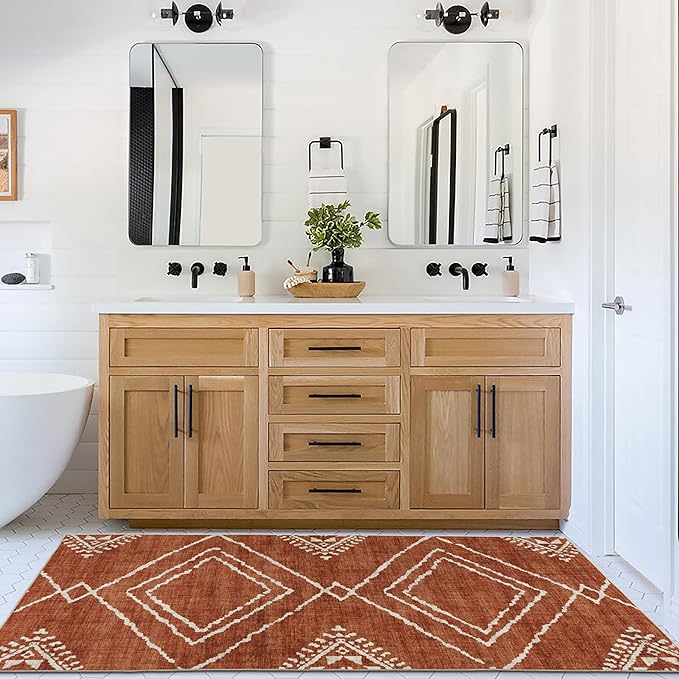ReaLife Rugs Machine Washable Area Rug Runner - Living Room Bedroom Bathroom Kitchen Entryway Office - Padded Low Pile Stain Resistant Premium - Moroccan Diamond Tribal - Jax - Orange 2'6" x 8'