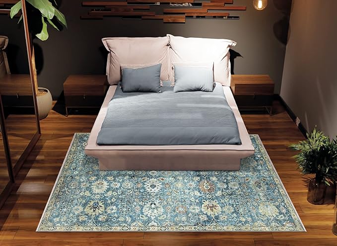 Bloom Rugs Caria Washable Non-Slip 5x7 Rug - Blue/Beige Traditional Area Rug for Living Room, Bedroom, Dining Room, and Kitchen - Exact Size: 5' x 7'