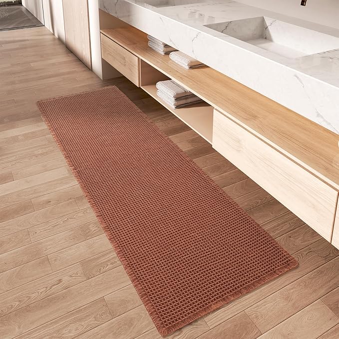 AMOAMI Upgraded Waffle Runner Rug Super Absorbent Non Slip Bath Mats for Bathroom Machine Washable Bathroom Runner Rug with Tassels, Ideal for Hallway Bedroom Laundry Room, Dirty Orange, 17" x 60"