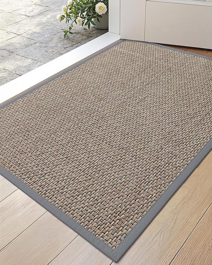DEXI Ultra Thin Entryway Door Mat 17x30, Non Slip Rubber Backing Inside Entry Mat, Low Profile Easy Clean Dirt Trapper Doormat for Inside Entrance Patio, Grey