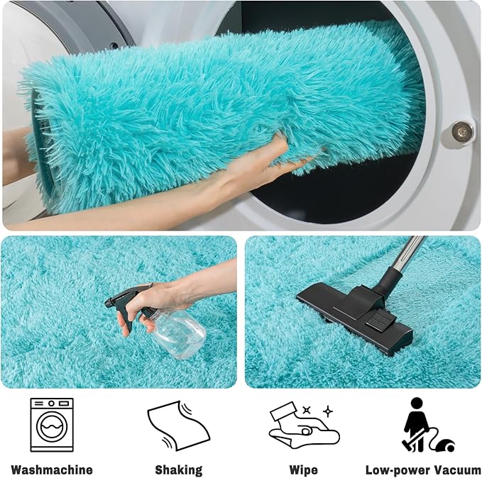 Soft Fluffy Area Rug for Bedroom, Teal Blue Fuzzy Shaggy Oval Throw Rugs for Bedside, Non-Slip Cozy Plush Shag Carpet for Kids Room Nursery Dorm Living Room, 2.6 x 5.3 Feet