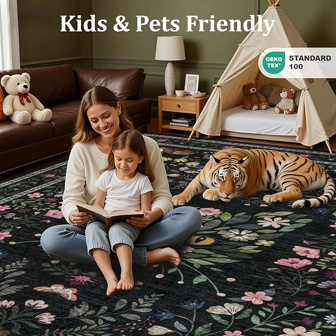 9x12 Area Rugs Living Room Rug: Vintage Washable Rug Floral Soft Carpet Indoor Floor Non-Slip Boho Stain Resistant Large Carpets for Bedroom Kids Nursery Dining Room Farmhouse Home Office Black/C02