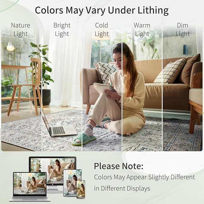 Enkor Area Soft Rugs 4x6 Washable Non Slip Boho Floor Rugs for Living Room Bedroom, Vintage Style Farmhouse Mat for Kitchen Entryway White & Grey