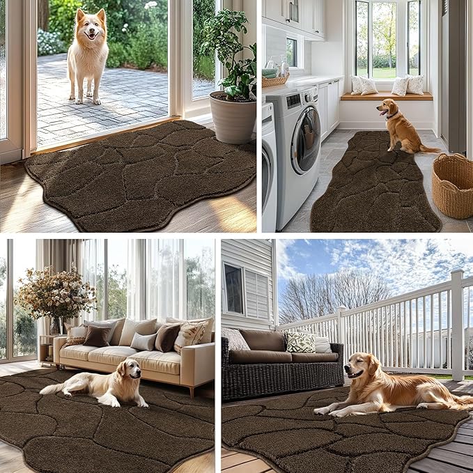 BSICPRO Large Dog Door Mat for Muddy Paws, 35x59 Absorbent Dirt Trapper Long Door Mat, Non-Slip Washable Mud Mat for Dogs, Polyester Microfiber Soft Pet Rug for Entryway, Mud Dog Paws, Patio (Latte)