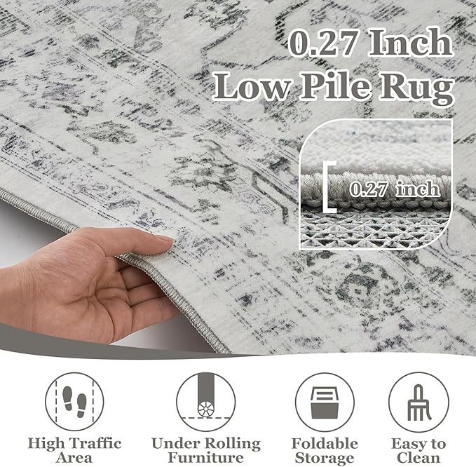 Large Farmhouse Area Rugs 9x12 for Living Room, Distressed Medallion Printed Big Carpet Rugs for Bedroom Under Bed, Washable Non Slip Low Pile Thin Rugs for Dining Room, Off White/Grey