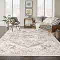 LIVEBOX 8X10 Area Rugs for Living Room, Washable Beige Neutral Boho Rugs Large Soft Non-Slip Rug, Low-Pile Vintage Medallion Rug, Retro Faux Wool Indoor Carpet for Dining Room Bedroom Office